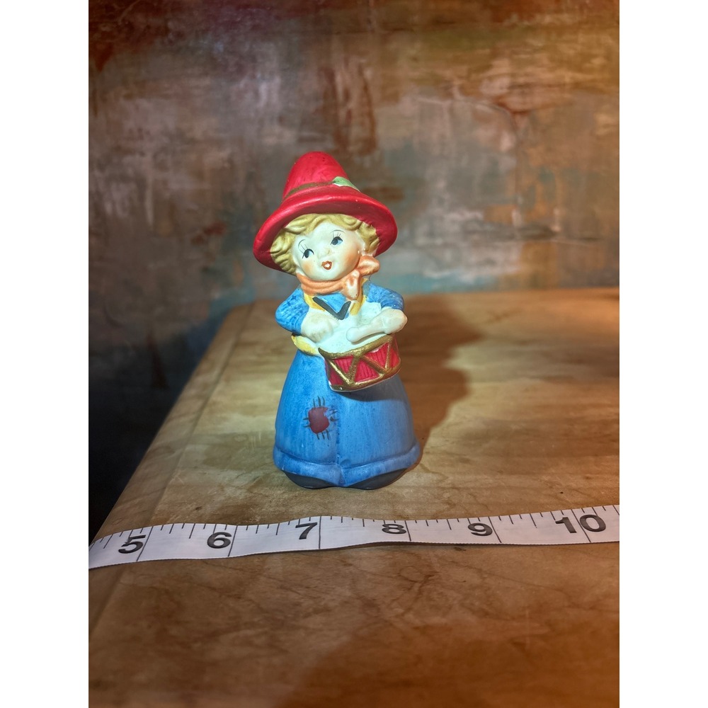 Vintage Ceramic Girl with Drum Bell Figurine Red Hat Blue Dress 4 Inch